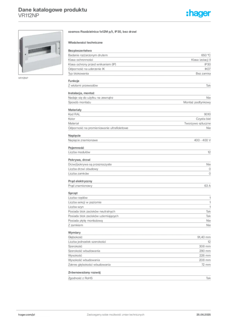 Zdjęcie Hager Karta katalogowa VR112NP | Hager Polska