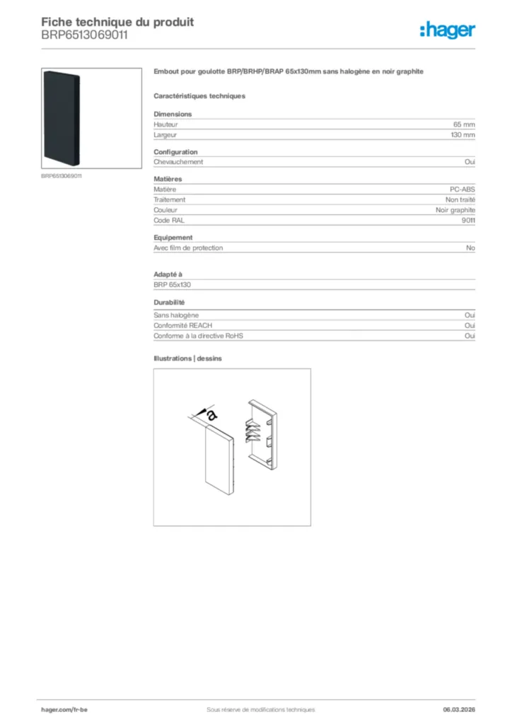 Image Hager Fiche technique du produit BRP6513069011 | Hager Belgique