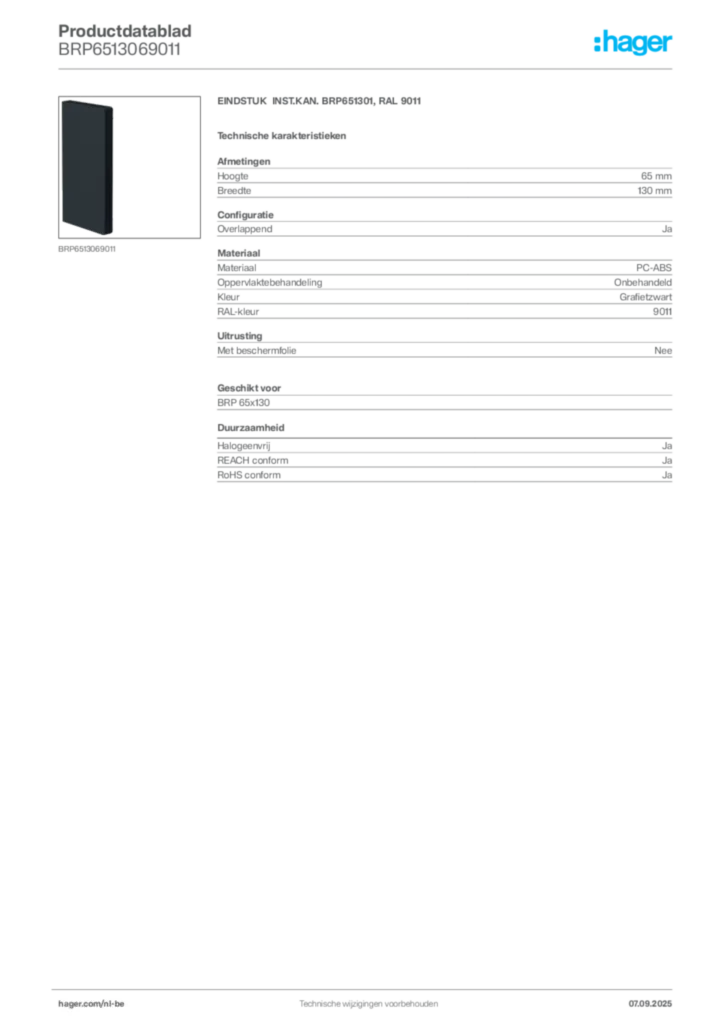 Afbeelding Hager Productdatablad BRP6513069011 | Hager Belgium