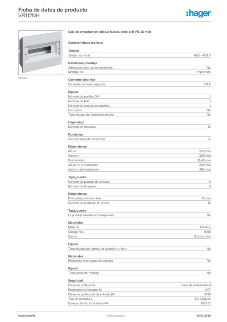 Imagen Hager Ficha de datos de producto VR112NH | Hager España