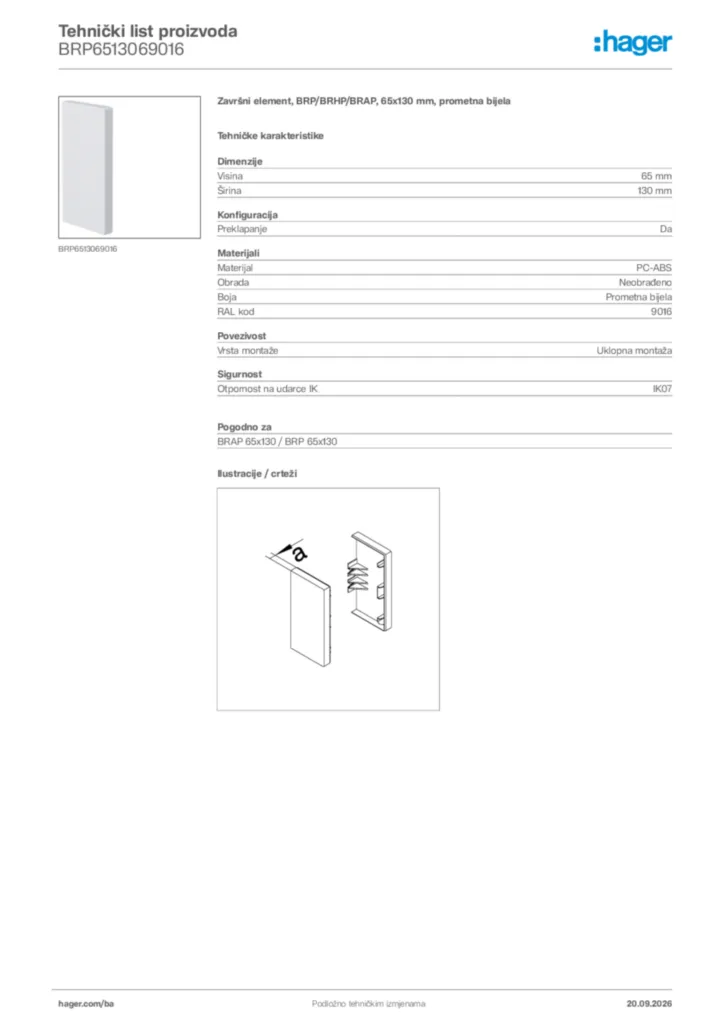 Slika Hager Tehnički list proizvoda BRP6513069016  | Hager