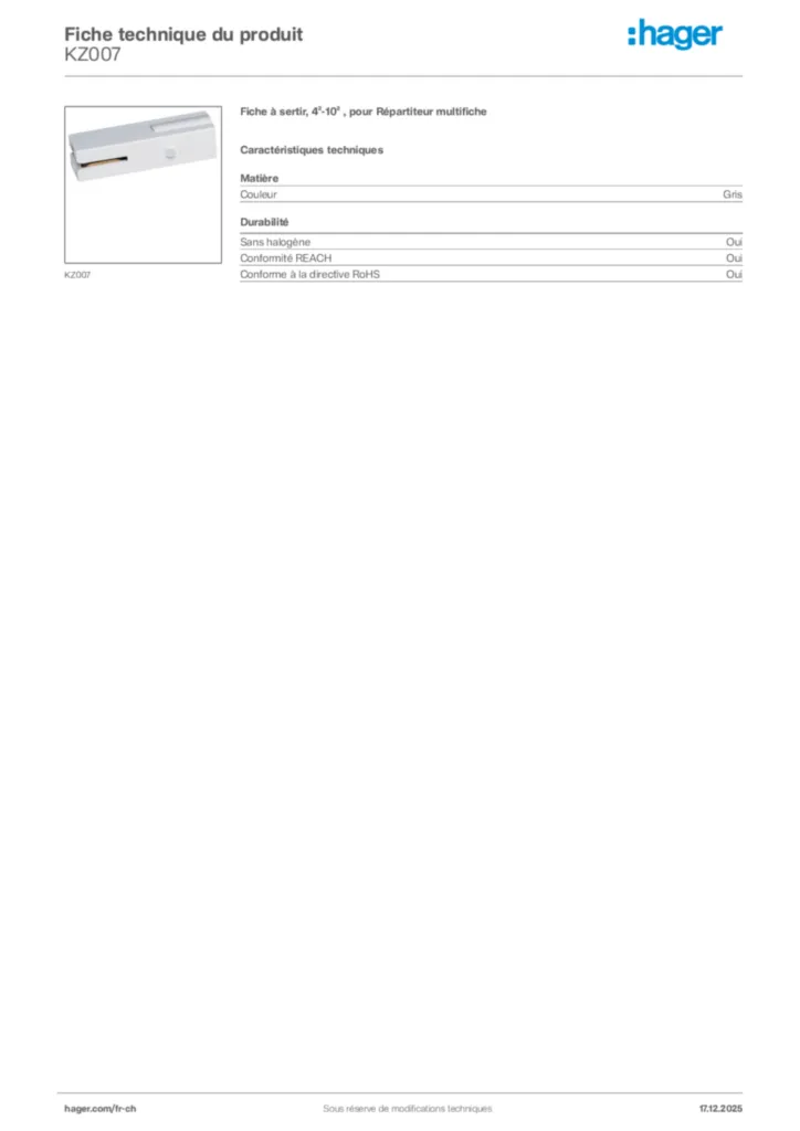 Image Hager Fiche technique du produit KZ007 | Hager Suisse