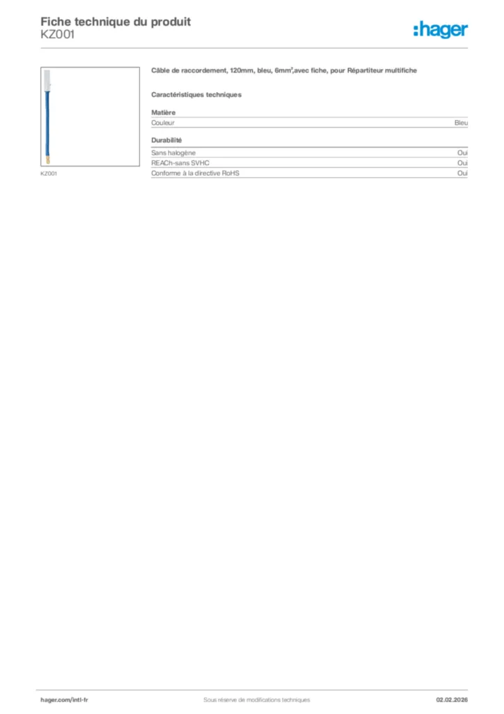 Image Hager Fiche technique du produit KZ001 | Hager Afrique