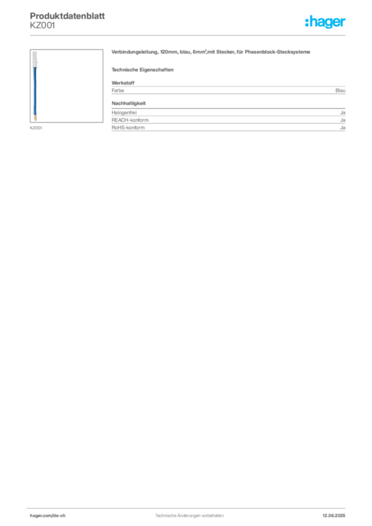 Bild Hager Produktdatenblatt KZ001 | Hager Schweiz