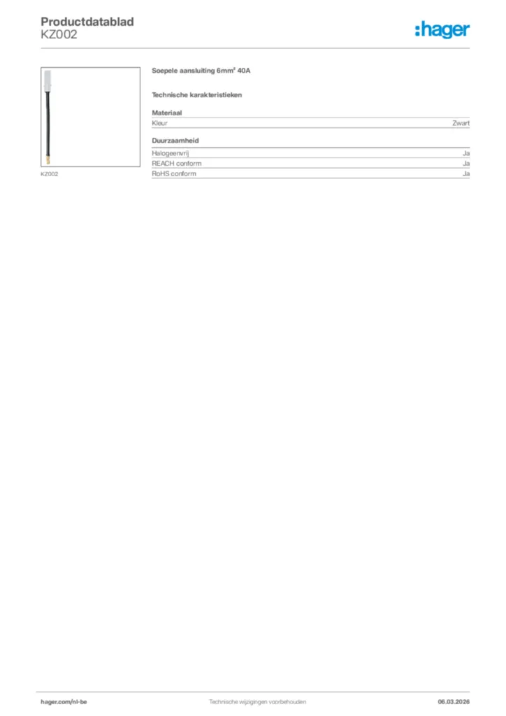 Afbeelding Hager Productdatablad KZ002 | Hager Belgium