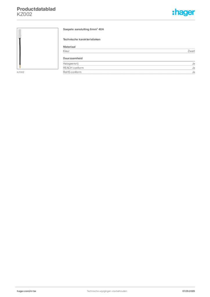 Afbeelding Hager Productdatablad KZ002 | Hager Belgium