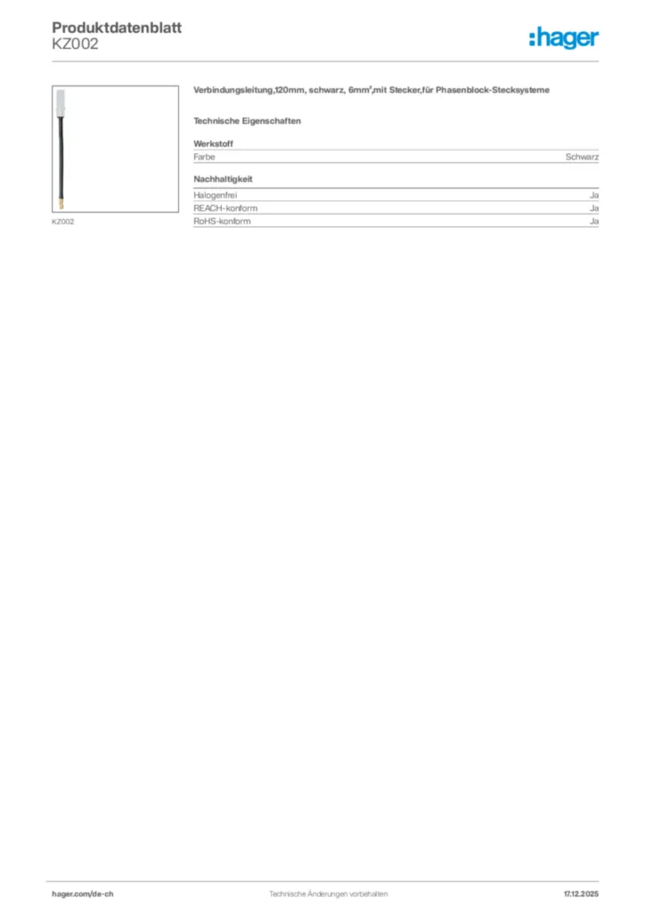 Bild Hager Produktdatenblatt KZ002 | Hager Schweiz