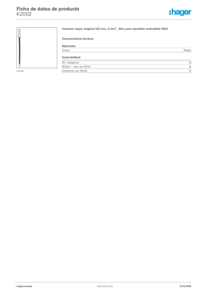 Imagen Hager Ficha de datos de producto KZ002 | Hager España