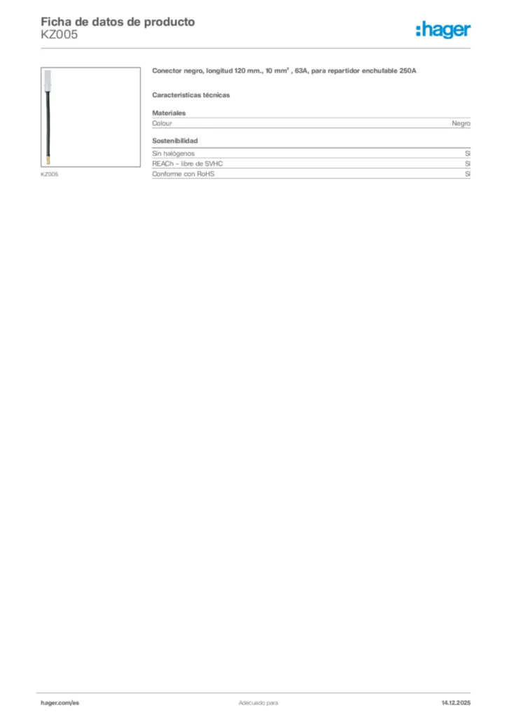 Imagen Hager Ficha de datos de producto KZ005 | Hager España