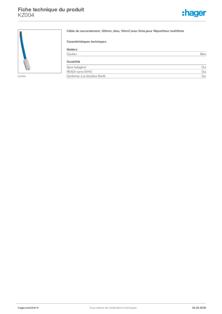 Image Hager Fiche technique du produit KZ004 | Hager Afrique