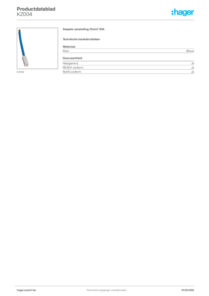 Afbeelding Hager Productdatablad KZ004 | Hager Belgium