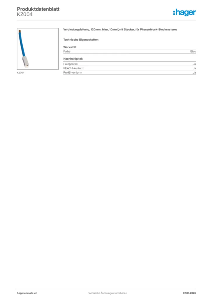 Bild Hager Produktdatenblatt KZ004 | Hager Schweiz