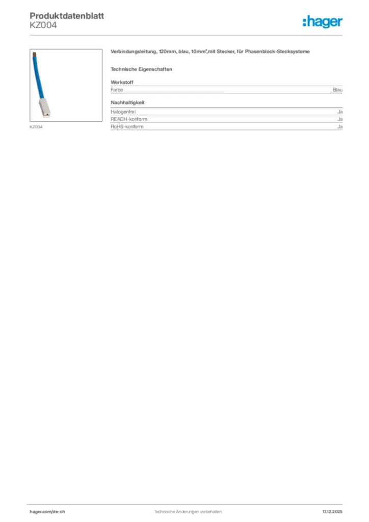 Bild Hager Produktdatenblatt KZ004 | Hager Schweiz