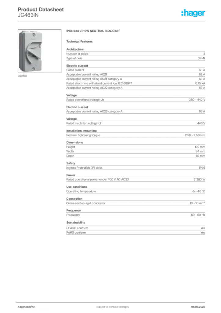 Image Hager Product data sheet JG463IN  | Hager New Zealand