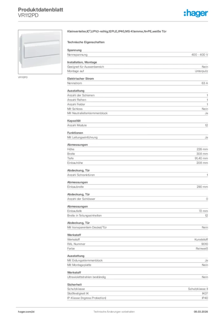 Bild Hager Produktdatenblatt VR112PD | Hager Deutschland