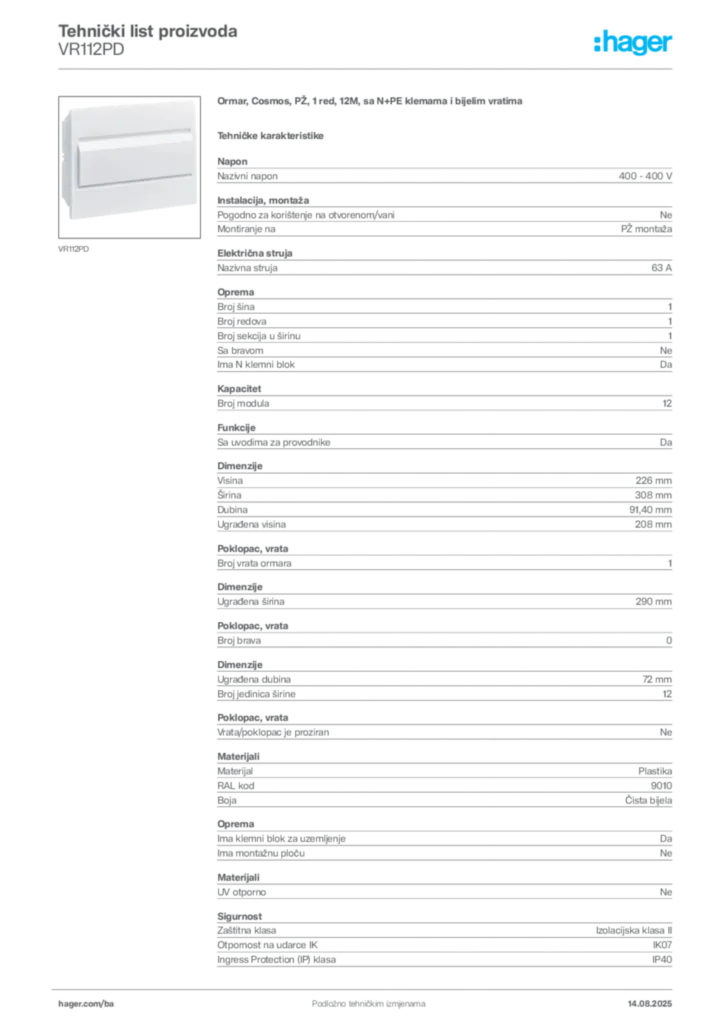 Slika Hager Product data sheet VR112PD  | Hager