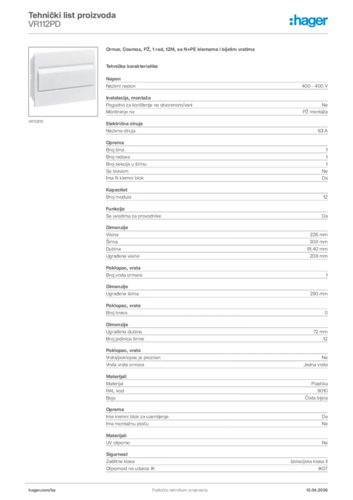 Slika Hager Tehnički list proizvoda VR112PD  | Hager