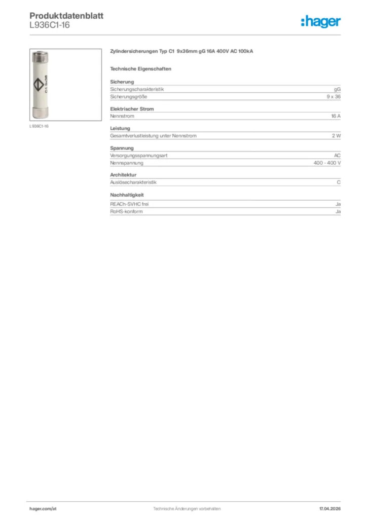 Bild Hager Produktdatenblatt L936C1-16 | Hager Deutschland