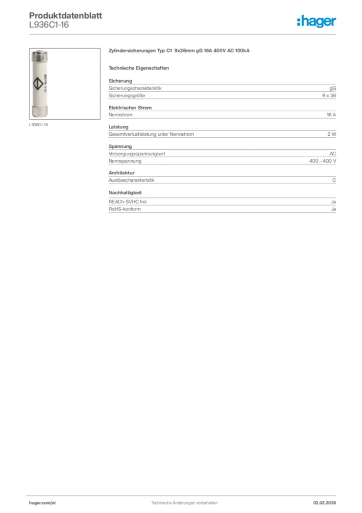Bild Hager Produktdatenblatt L936C1-16 | Hager Deutschland