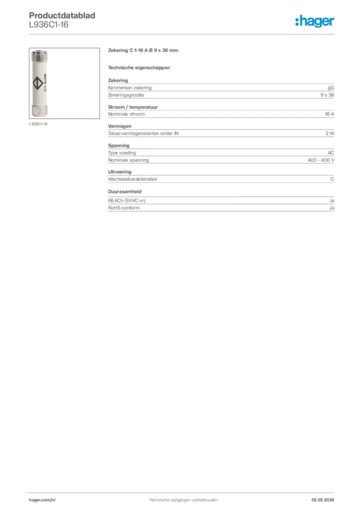 Afbeelding Hager Productdatablad L936C1-16 | Hager Nederland