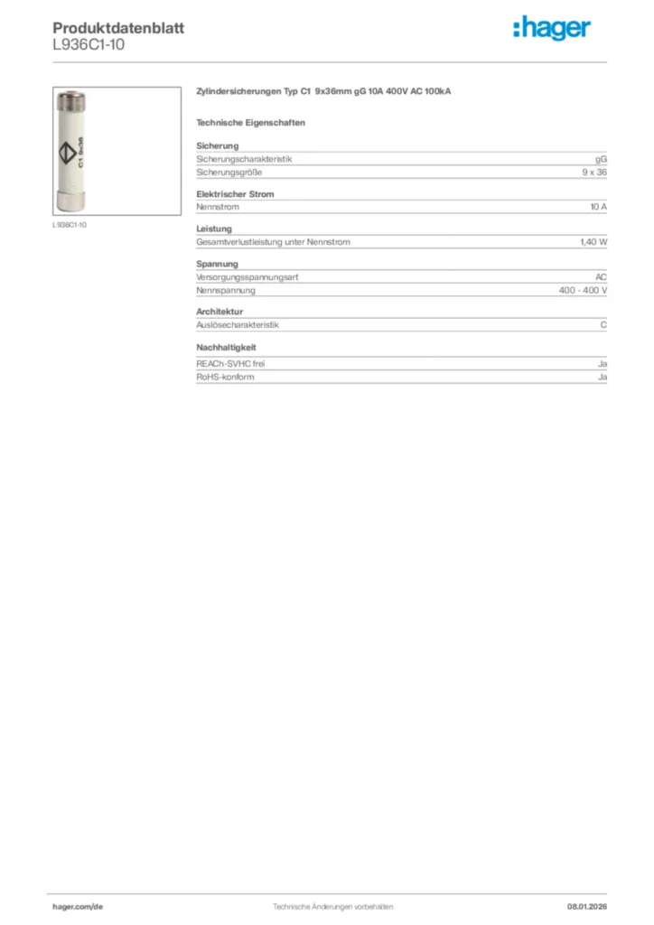 Bild Hager Produktdatenblatt L936C1-10 | Hager Deutschland