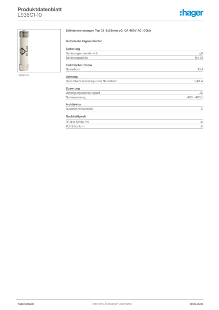 Bild Hager Produktdatenblatt L936C1-10 | Hager Deutschland