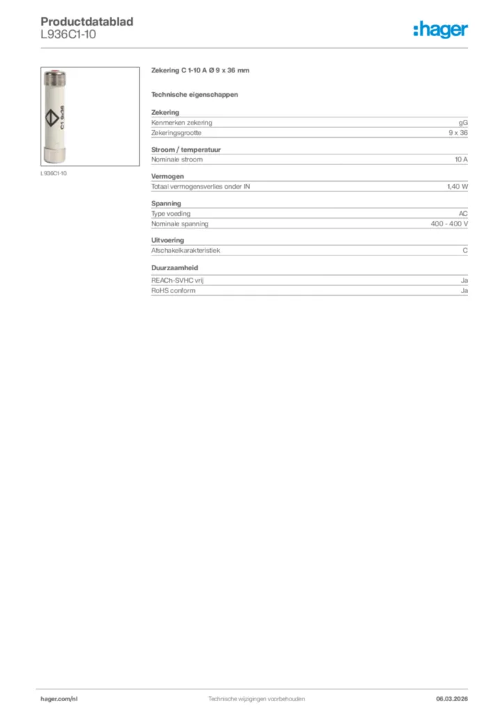 Afbeelding Hager Productdatablad L936C1-10 | Hager Nederland