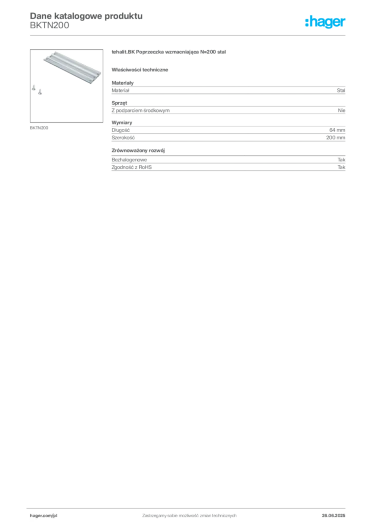 Zdjęcie Hager Karta katalogowa BKTN200 | Hager Polska