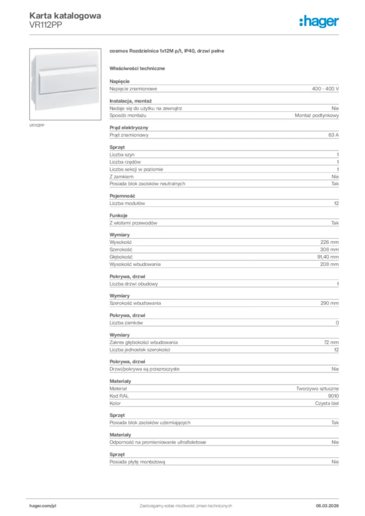 Zdjęcie Hager Karta katalogowa VR112PP | Hager Polska