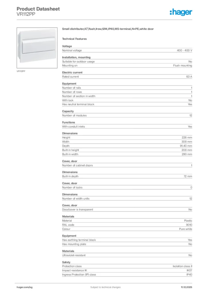 Image Hager Product data sheet VR112PP  | Hager
