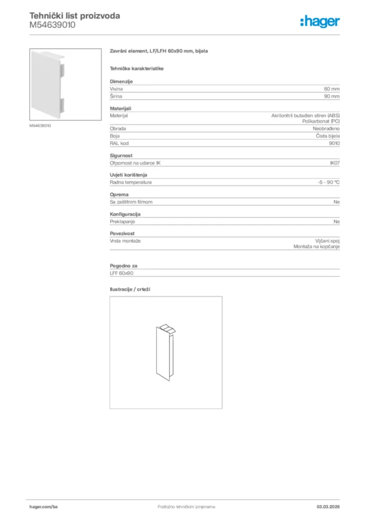 Slika Hager Tehnički list proizvoda M54639010  | Hager