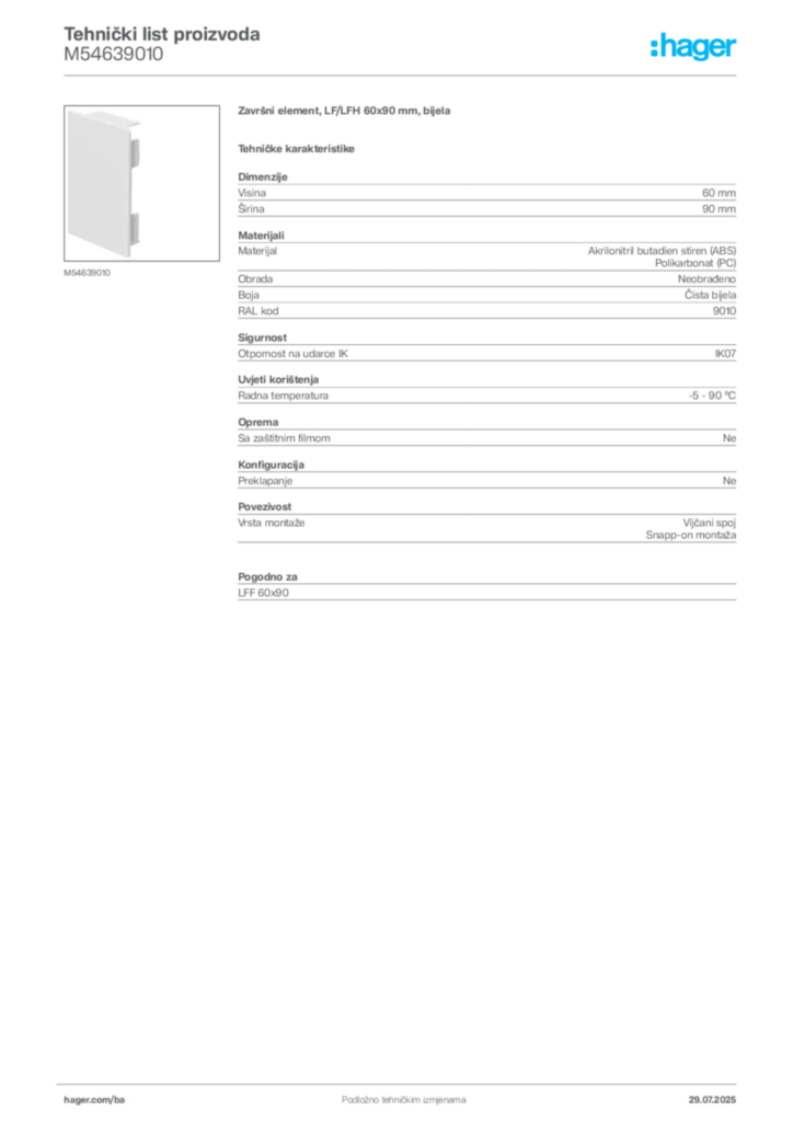 Slika Hager Product data sheet M54639010  | Hager