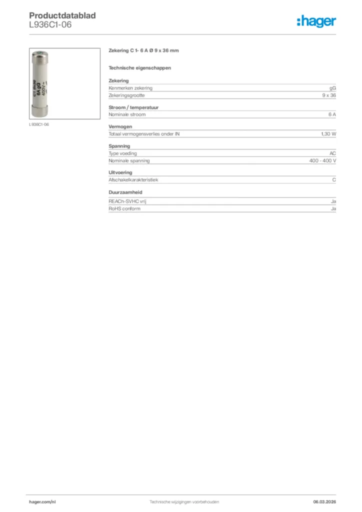 Afbeelding Hager Productdatablad L936C1-06 | Hager Nederland