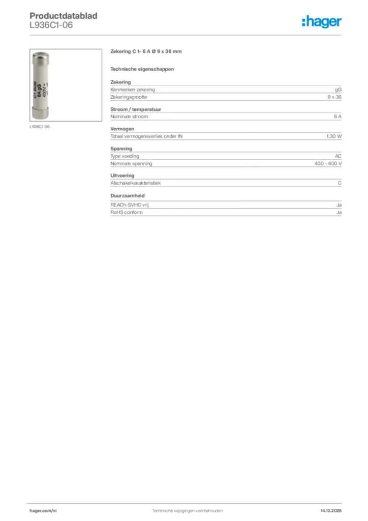 Afbeelding Hager Productdatablad L936C1-06 | Hager Nederland