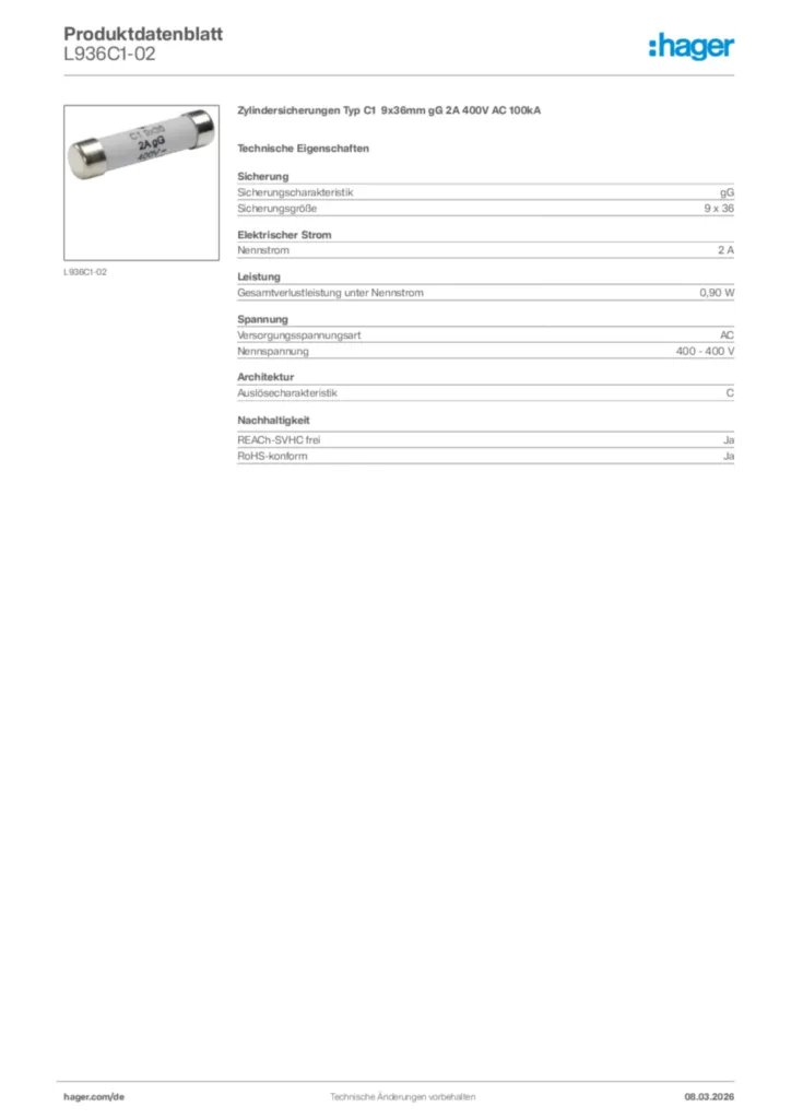 Bild Hager Produktdatenblatt L936C1-02 | Hager Deutschland