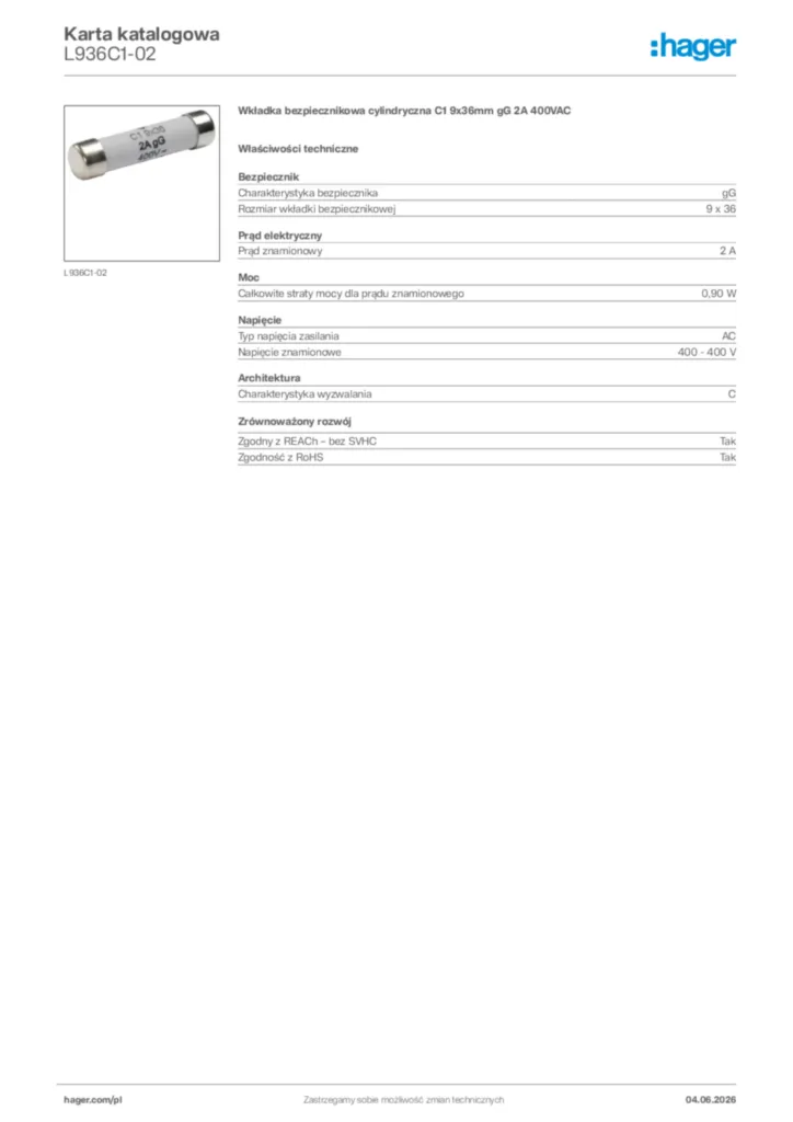 Zdjęcie Hager Karta katalogowa L936C1-02 | Hager Polska