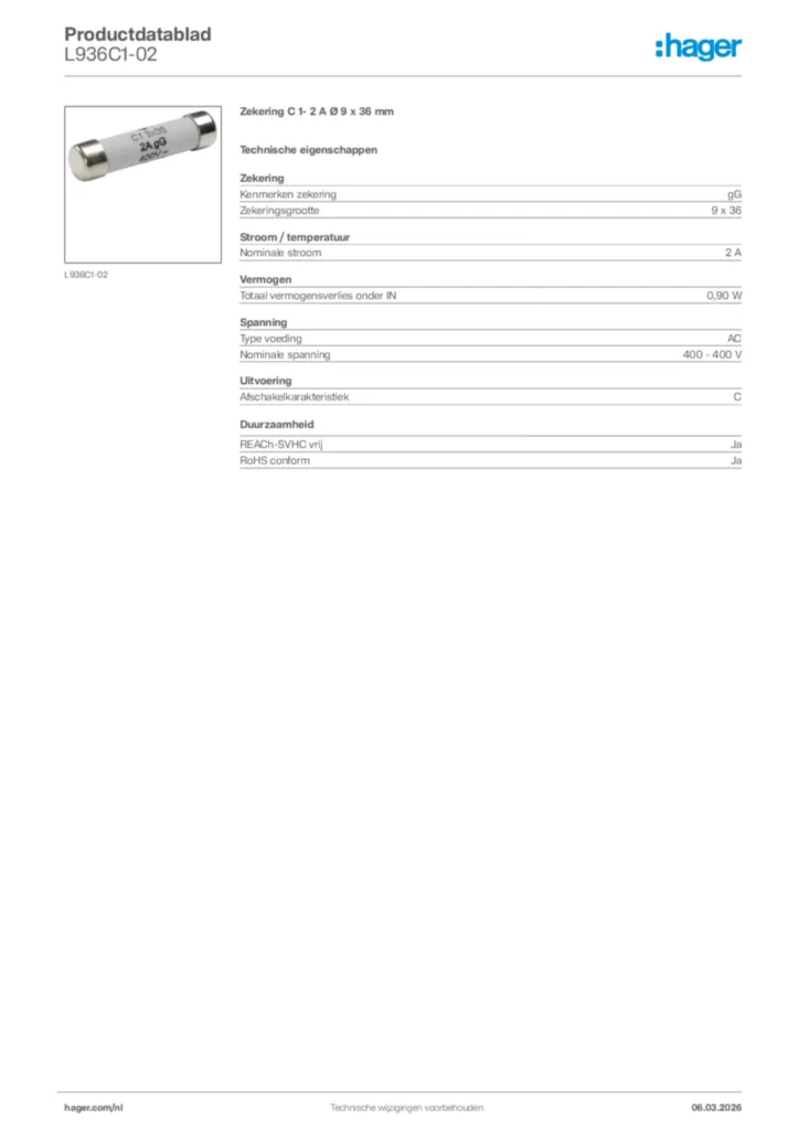 Afbeelding Hager Productdatablad L936C1-02 | Hager Nederland