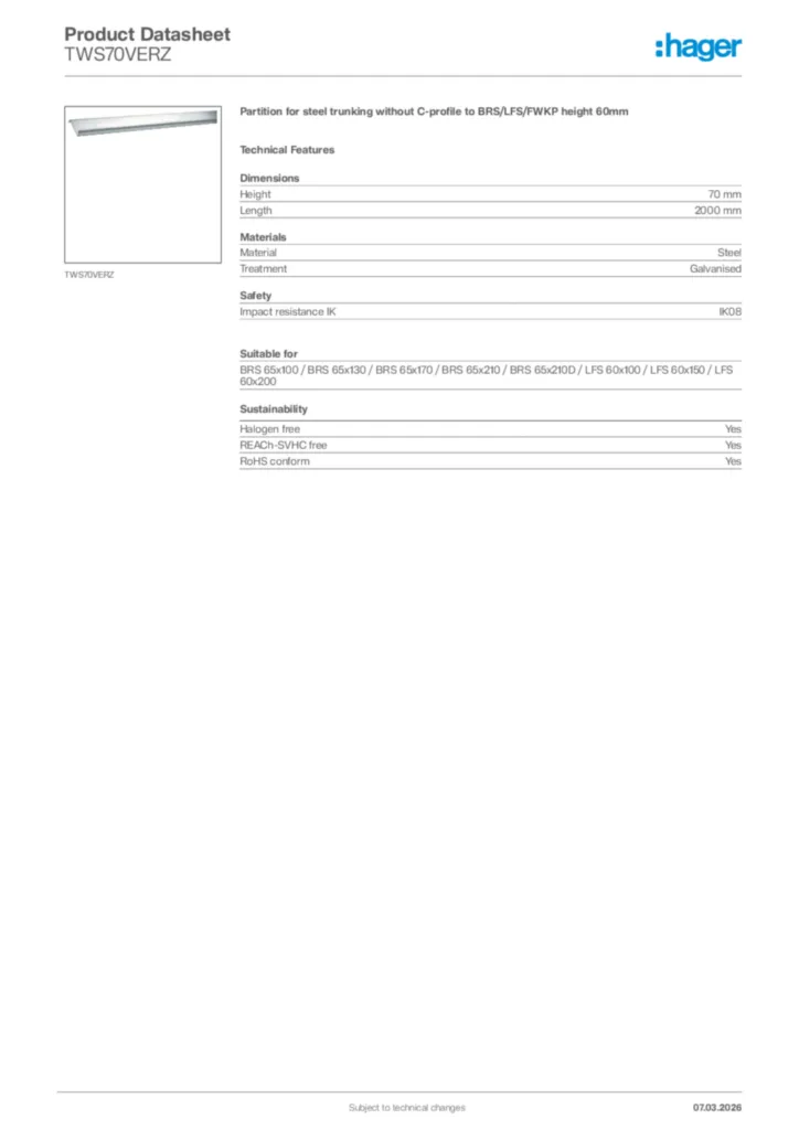 Image Hager Product data sheet TWS70VERZ  | Hager Africa