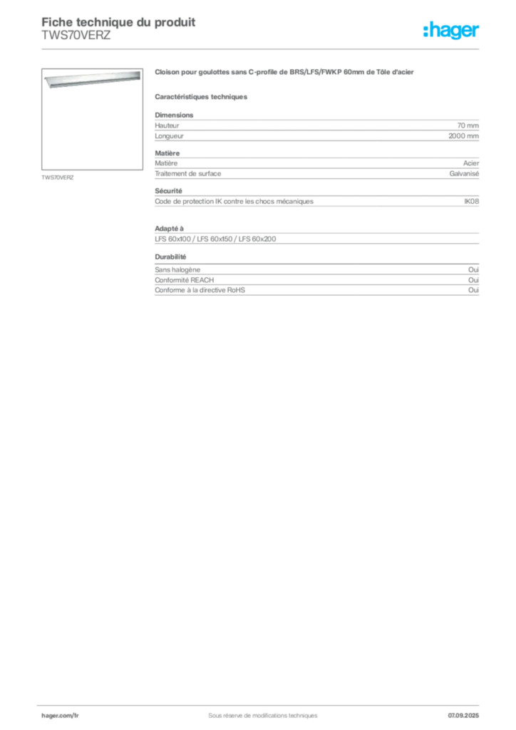 Image Hager Fiche technique du produit TWS70VERZ | Hager France