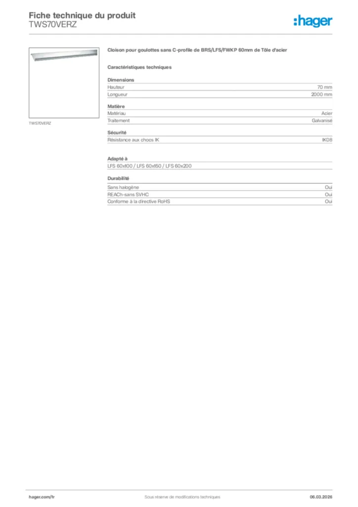 Image Hager Fiche technique du produit TWS70VERZ | Hager France