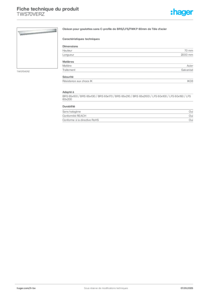 Image Hager Fiche technique du produit TWS70VERZ | Hager Belgique