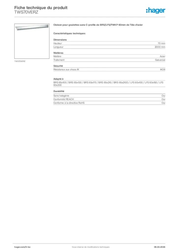 Image Hager Fiche technique du produit TWS70VERZ | Hager Belgique