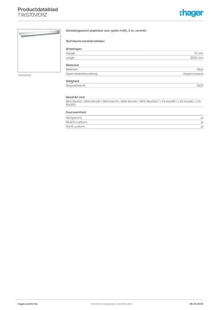 Afbeelding Hager Productdatablad TWS70VERZ | Hager Belgium