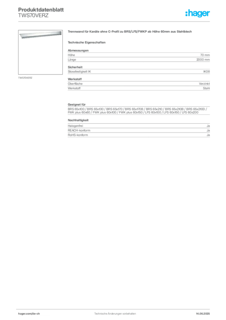 Bild Hager Produktdatenblatt TWS70VERZ | Hager Schweiz