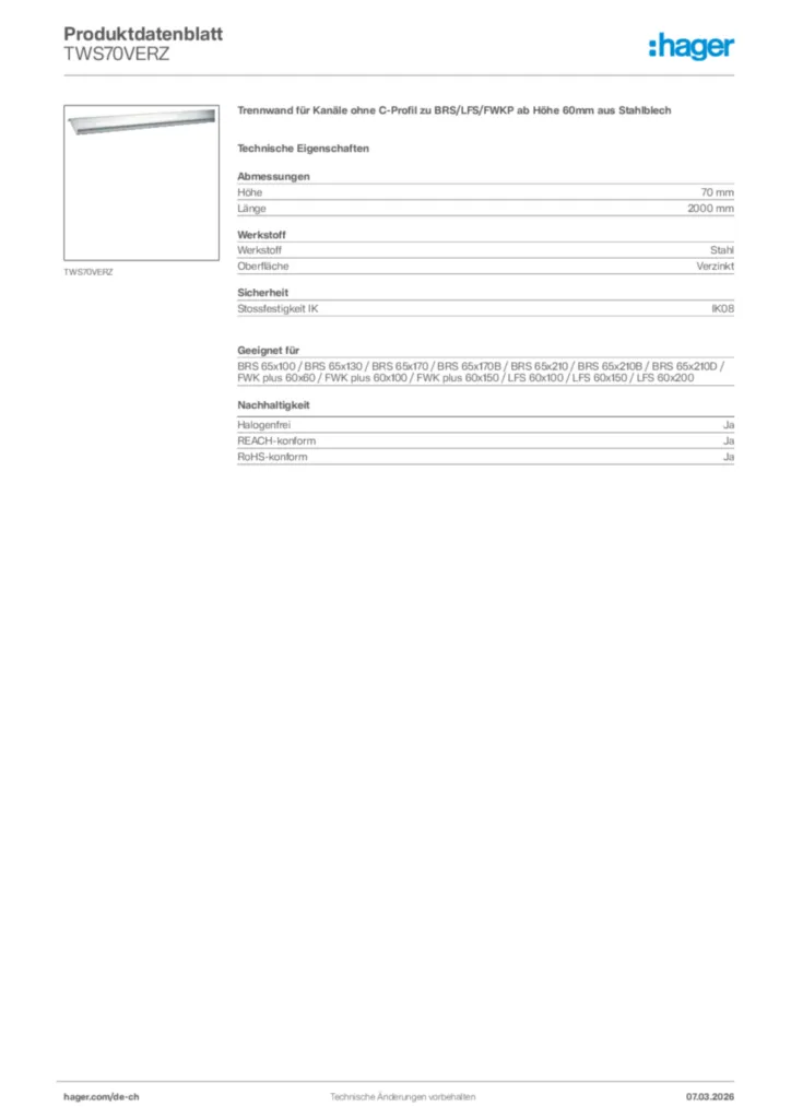 Bild Hager Produktdatenblatt TWS70VERZ | Hager Schweiz