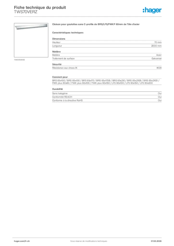Image Hager Fiche technique du produit TWS70VERZ | Hager Suisse