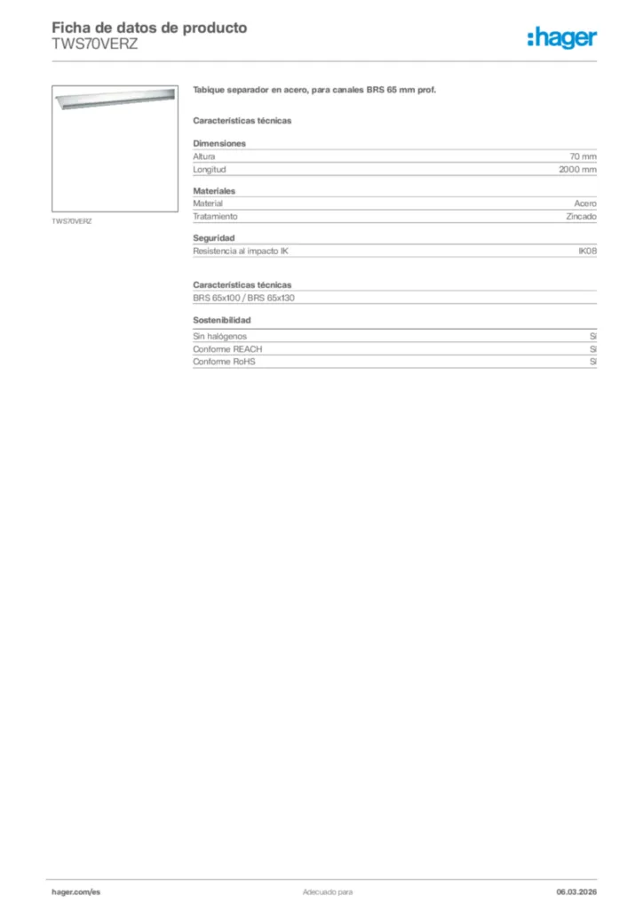 Imagen Hager Ficha de datos de producto TWS70VERZ | Hager España
