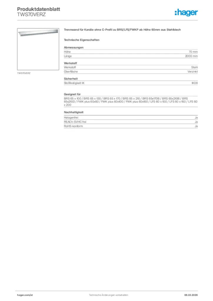 Bild Hager Produktdatenblatt TWS70VERZ | Hager Deutschland
