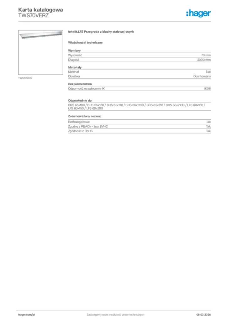 Zdjęcie Hager Karta katalogowa TWS70VERZ | Hager Polska