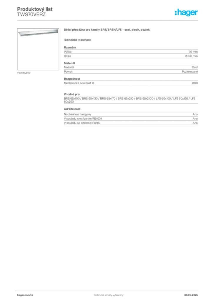Obrázek Hager Produktový list TWS70VERZ | Hager